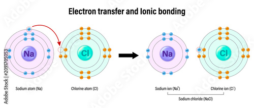 Electron transfer and Ionic bonding structure. Electron of sodium atom is transferred to join electron of chlorine atom.