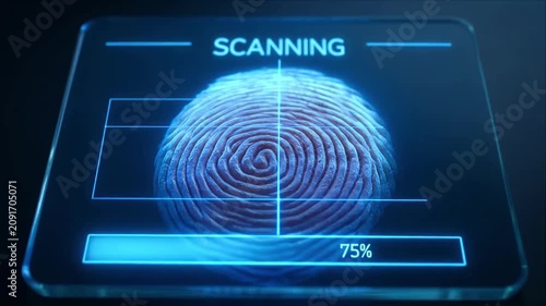 Digital security fingerprint scan biometric identity access control authentication futuristic interface with glowing blue screen and progress bar for cyber protection and verification