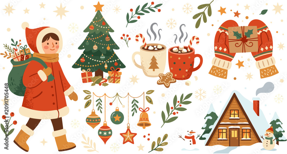 Fototapeta premium Festive Christmas Illustration Set with Winter Character Tree Hot Cocoa and Cozy Cabin.