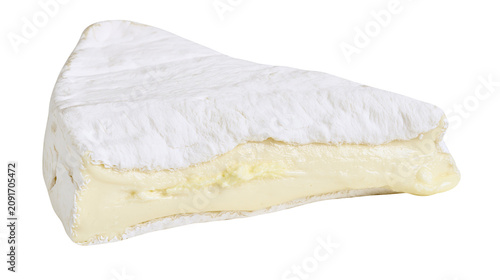 Photography Wedge of soft white rind brie cheese with creamy yellow interior, isolated on tr