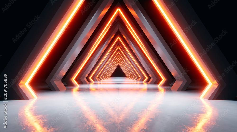 Naklejka premium Abstract 3d tunnel with glowing orange neon triangular frames and reflective floor, futuristic corridor background for digital design