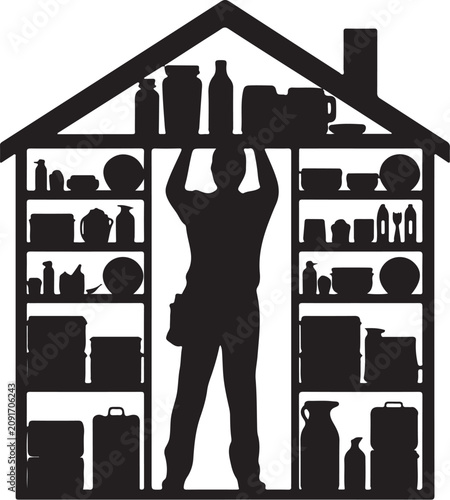 Silhouette of a man organizing kitchen and household