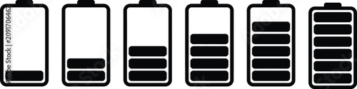 Foto Set of black battery charge level icons showing energy capacity from empty to fu