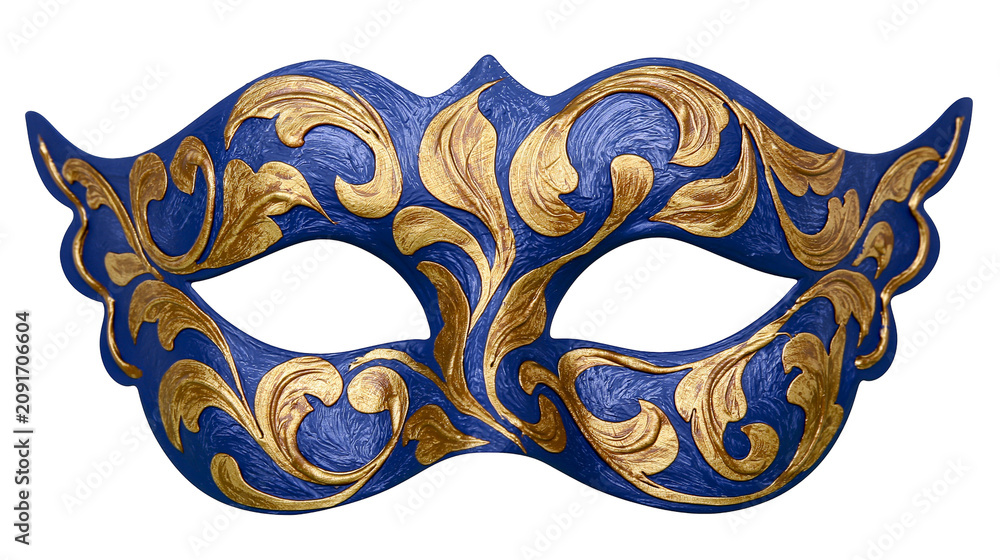 Obraz premium Ornate blue and gold Venetian masquerade mask with intricate scrollwork, isolated on transparent background