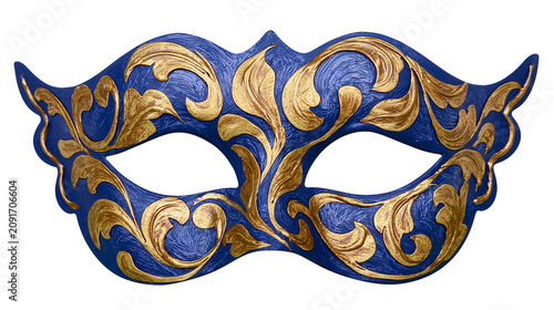 Cuadro en lienzo Ornate blue and gold Venetian masquerade mask with intricate scrollwork, isolate