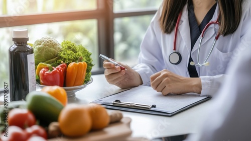 Doctor sits at a desk while documenting nutritional advice for patients alongside a variety of fresh vegetables.