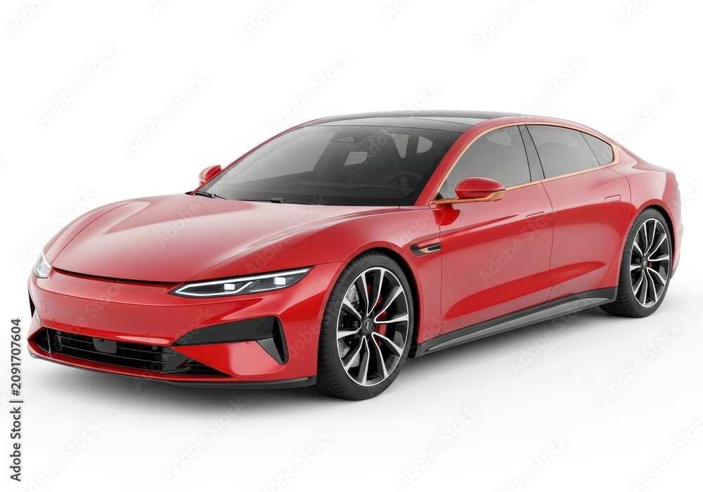 Fototapeta premium Modern Red Electric Sports Sedan Car Isolated on White Background - Sleek High-Performance EV Concept Vehicle