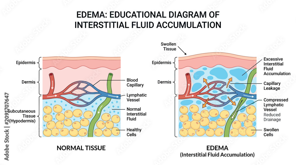 Fototapeta premium Edema Diagram: Interstitial Fluid Accumulation vs Normal Tissue