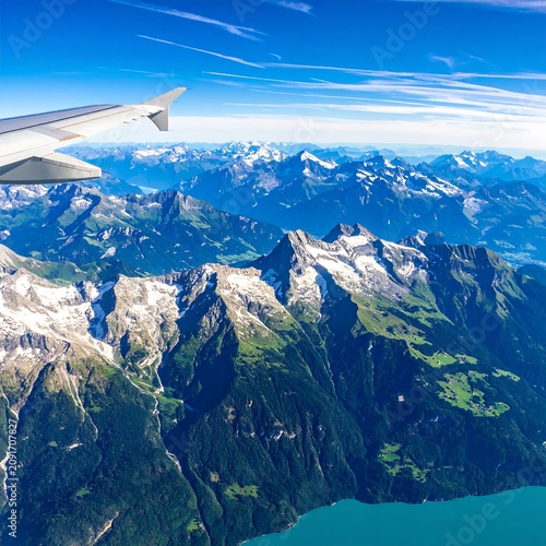 Mountain Range and Lake Viewed From Airplane Wing in Aerial Perspective