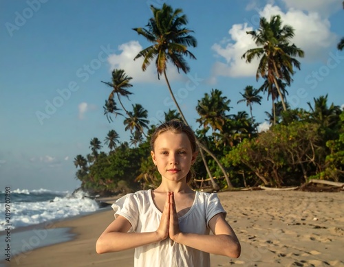 Girl Posing with Hands Together on Tropical Beach
