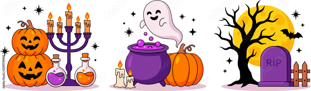 Fototapeta premium Halloween cartoon illustration set with pumpkins ghost cauldron and graveyard elements.