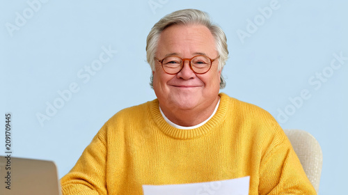 A smiling, mature man with grey hair and glasses, wearing a vibrant yellow sweater, sits at a desk holding a document against a simple, light blue background.