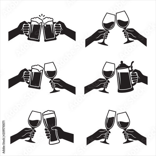 People toasting with beer mugs and wine glasses silhouettes celebration nightlife beverage toasting cheering gathering friendship together happiness drinking refreshment wineglass