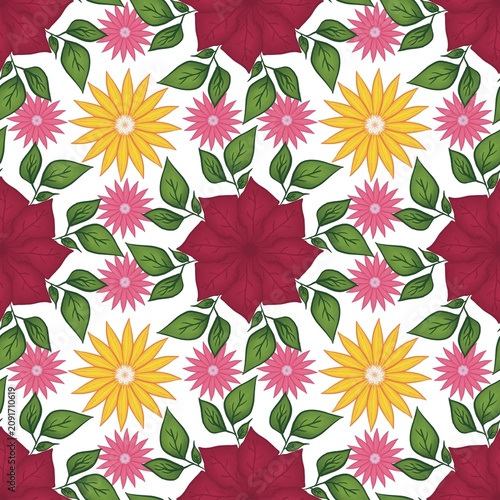 Colorful flowers and green leaves seamless pattern elements designed for background, wallpaper, decorating, fabric, wrapping, clothing, textiles, tiles, carpet, embroidery designs.