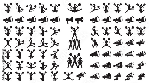 Cheerleader silhouette icons and megaphone graphics set for sports and team spirit events with cheerleader