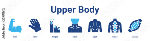 Upper Body web banner icon vector illustration concept for medical with icon of Arm, Hand, Finger, Neck, Back.