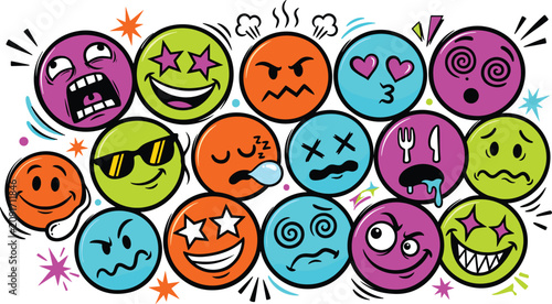 Quadro su tela Colorful Doodle Emoji Faces Set with Funny Expressions and Emotions in Bold Neon