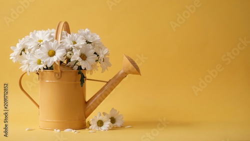 Beautiful white daisy flowers inside a bright yellow metal watering can