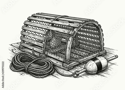 Schilderij op canvas Vintage fish trap basket with rope and float, retro engraving illustration, trad