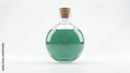 Round glass bottle containing glowing green liquid with cork stopper