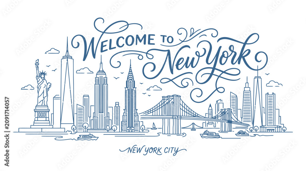 Fototapeta premium Welcome to New York City Skyline Line Art Illustration