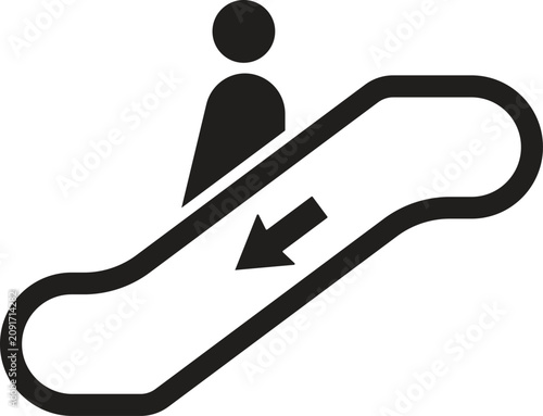 Vector illustration of an escalator down sign featuring a person silhouette on a moving stairway with a downward arrow