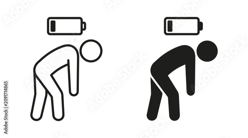 Tired person with low battery icon, exhausted, fatigued, burnout vector illustration