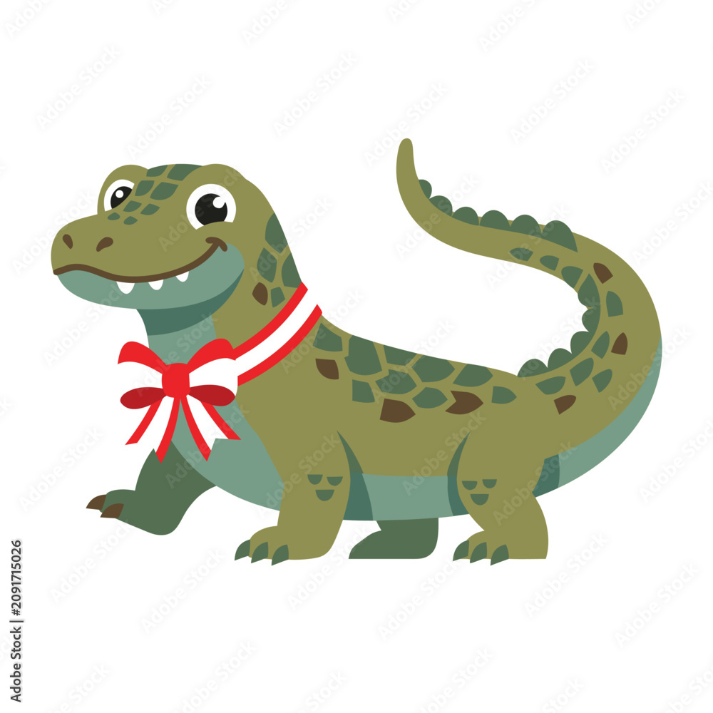 Fototapeta premium Cute cartoon Komodo dragon with a festive red and white ribbon.