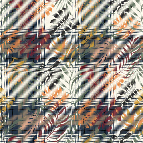 Bild auf Leinwand seamless fabric check and topical leaves pattern on fabric textures background