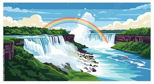 Beautiful illustration of Niagara Falls with a vibrant rainbow arching over the rushing water.