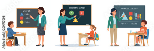 Set of Scenes Featuring Teachers Explaining Geometry Concepts and Basic Geometric Shapes to Elementary School Students in Classroom