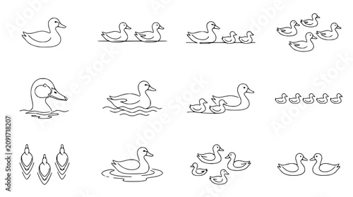 фотографія Hand-drawn duck illustrations: single duck, family, flock, swimming, on water, l