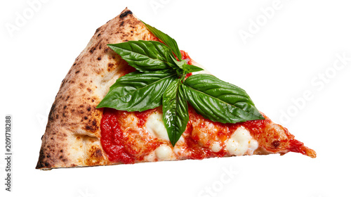 Bild auf Leinwand Neapolitan pizza slice with fresh basil leaves tomato sauce and mozzarella, isol