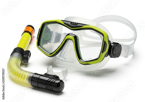 Professional Yellow and Black Snorkeling Mask and Snorkel Set Isolated on White Background for Summer Vacation