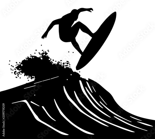 Fotografie Black and white silhouette vector illustration of a surfer performing an aerial