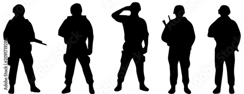 Bilde på lerret Set of five soldier silhouettes in various combat poses and military gear isolat
