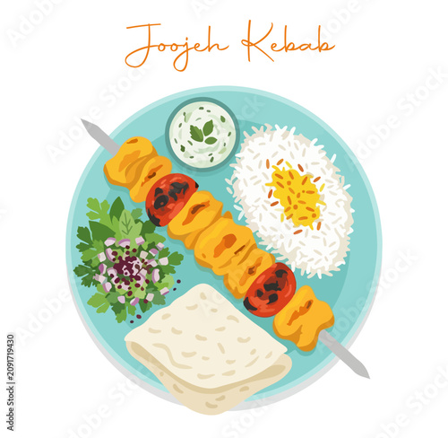 Fotografie Joojeh Kebab Dish: A delectable illustration of Joojeh Kebab featuring grilled chicken skewers, fluffy rice, warm flatbread, and a side of cooling yogurt sauce, presented on a vibrant blue plate