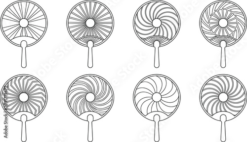 Handheld fan collection outline, portable cooling devices and blade designs, summer accessories, vector illustration bundle