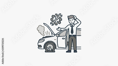 Tableau sur toile Minimalist Black and White Line Drawing of Frustrated Man with Broken Down Car a