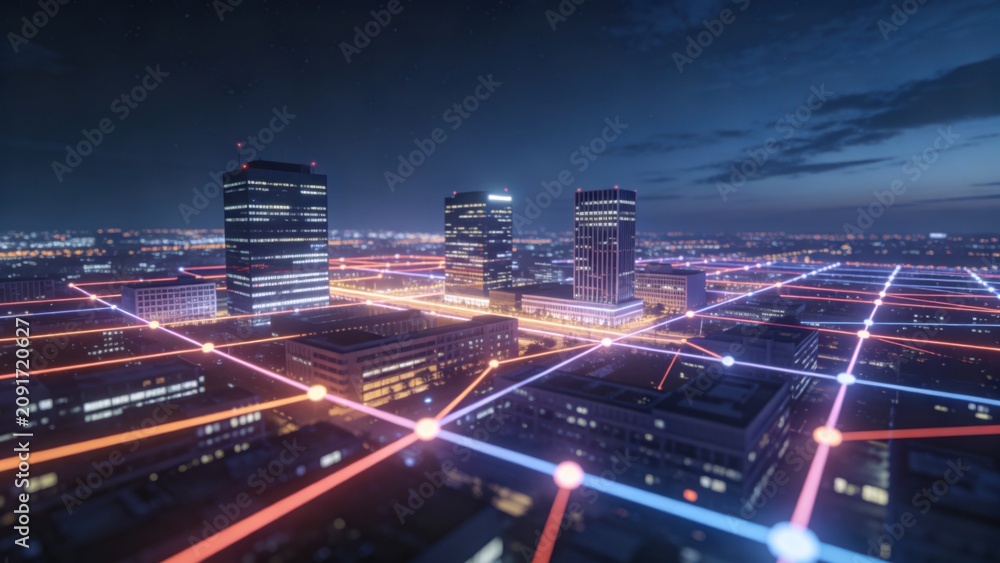 Obraz premium Night cityscape with glowing network lines