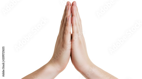 Quadro su tela Two human hands pressed together in prayer gesture, isolated on transparent back