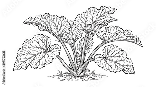 Black and white botanical drawing of a rhubarb plant with large leaves vegetable monochrome illustration isolated background culinary