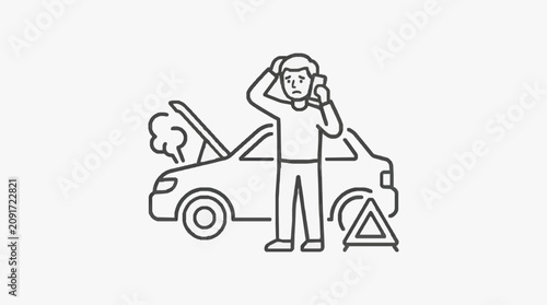 Obraz na płótnie Minimalist Black and White Line Drawing of Stressed Person Calling Near Broken D