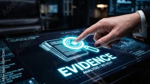 A person's hand interacts with a holographic evidence review interface on a digital screen.
