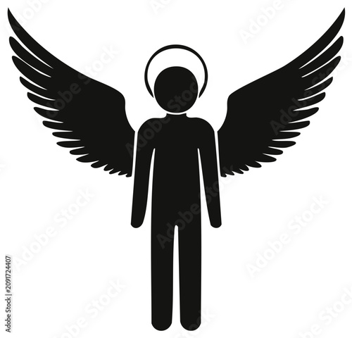 Angel Icon with Halo and Wings, Simple Pictogram Symbol, Spiritual Vector Design