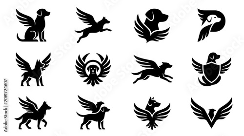 Mythical winged dog silhouette logos.