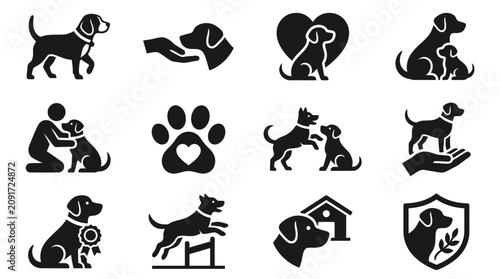 Puppy care and dog agility training icon set.
