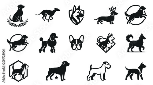 Modern dog logo symbols and circular badges.
