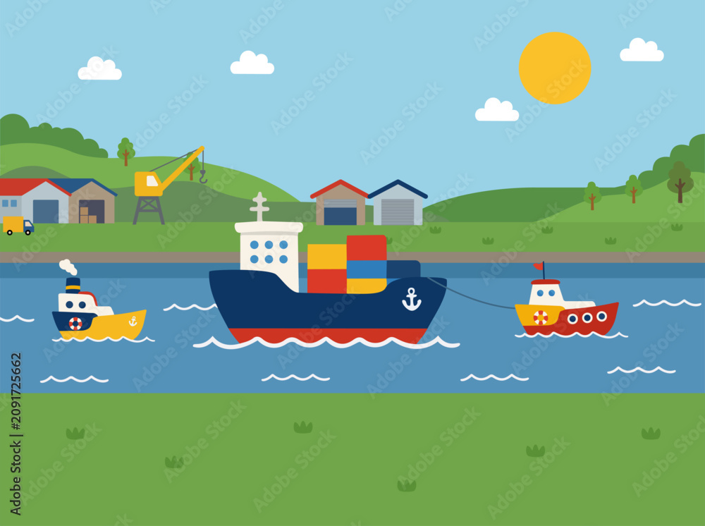 Fototapeta premium Colorful Cargo Ship and Tugboats Flat Vector Illustration for Logistics and Kids Education