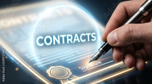 A hand holding a pen touches a glowing screen displaying contracts.